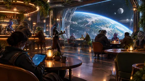 Space Station Café With Earth
