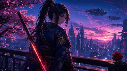 Cyberpunk Samurai Over Neon City