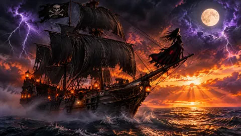 Pirate Galleon Under Lightning