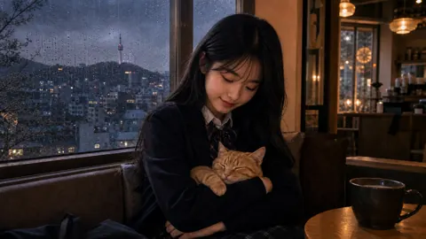 Korean Schoolgirl With Ginger Cat