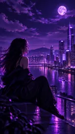 Rooftop Woman Above Neon River