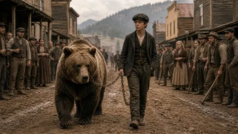 Boy Leading Grizzly Through Town