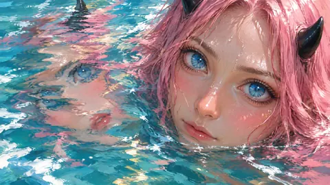 Pink-Haired Horned Woman in Water