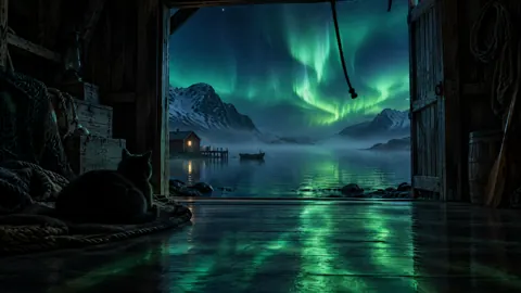 Black Cat Watching Aurora