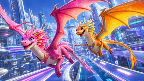 Two Wyverns Over Futuristic City