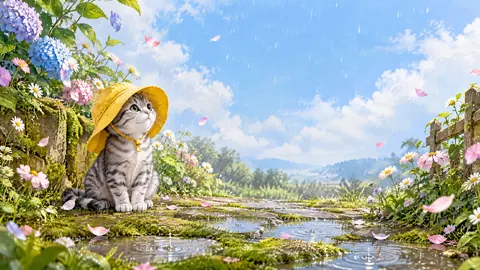 Tabby Cat in Yellow Rain Hat