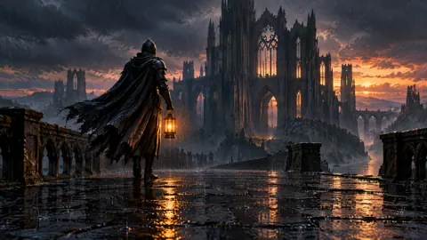Armored Guardian on Rainy Bridge