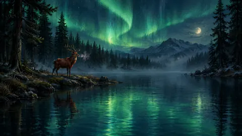 Red Deer Under Green Aurora