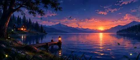 Lakeside Cabin at Sunset