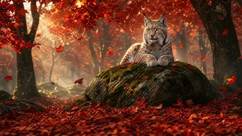 Lynx on Mossy Boulder