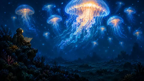 Diving Cartographer With Giant Jellyfish
