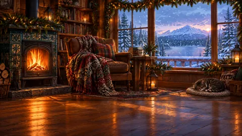 Snowy Cabin With Sleeping Cat