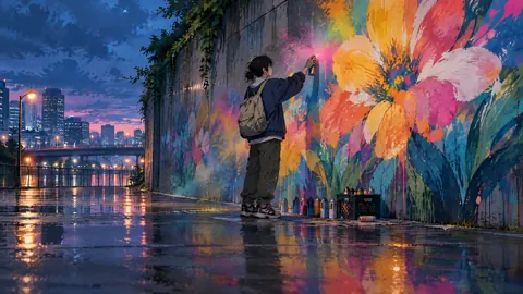 Street Artist Painting Flower Mural