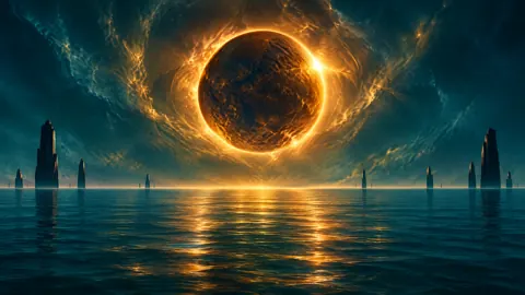 Golden Eclipse Over Teal Ocean