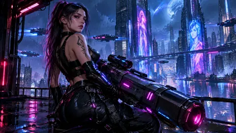 Cyberpunk Sniper on Neon Rooftop