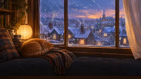 Ginger Cat by Snowy Window