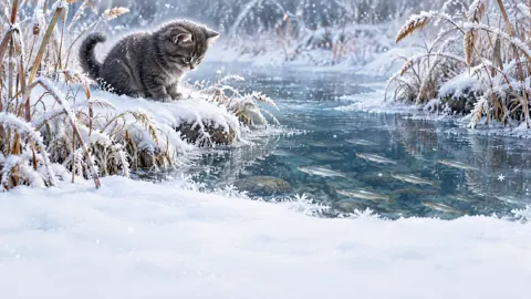 Kitten Watching Fish in Snow