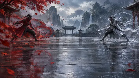 Masked Fighters in Temple Rain