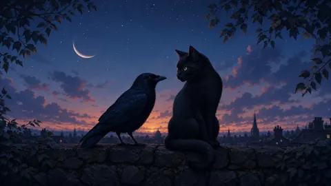 Crow and Cat Above City