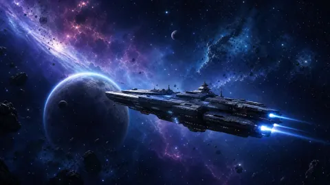 Space Frigate Near Blue Planet