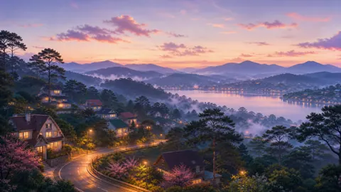 Lakeside Mountain Town at Twilight
