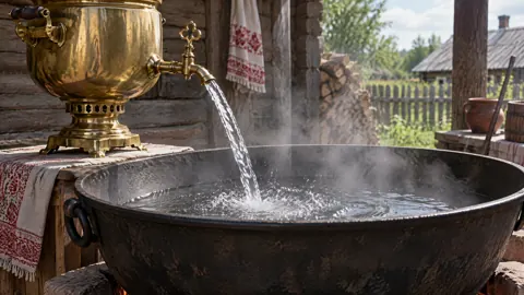 Brass Samovar Pouring Into Kazan