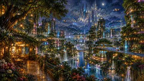 Futuristic Garden City at Night