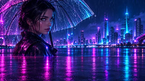 Woman Under Neon Umbrella
