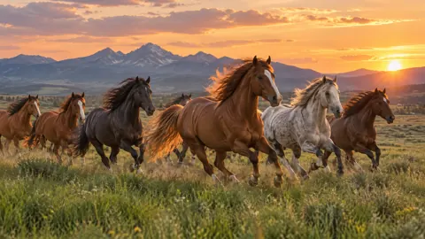 Galloping Horses at Sunset
