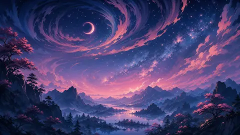 Fantasy Lake Under Crescent Moon