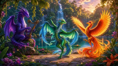 Dragons and Phoenix by Waterfall