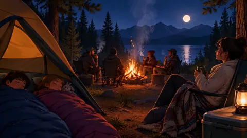 Moonlit Lakeside Campfire