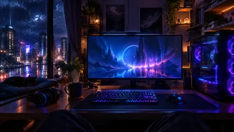 Rainy Neon Gamer Room