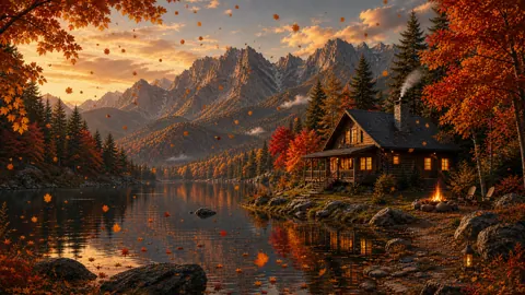Autumn Cabin by Mountain Lake