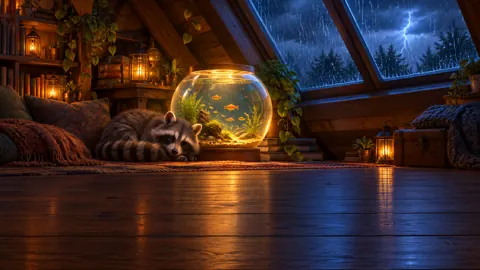 Raccoon by Fishbowl During Rain