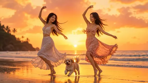 Women Dancing With Dog at Sunset