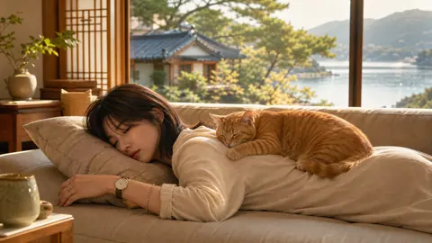 Korean Woman Sleeping With Tabby
