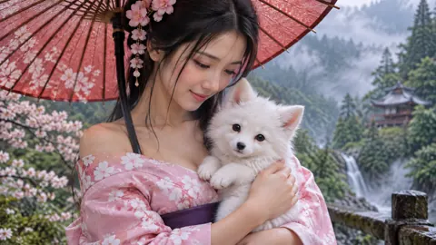 Japanese Woman With White Puppy