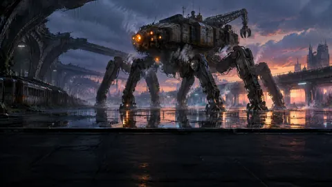Six-Legged Salvage Machine in Rain