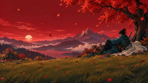 Traveler Beneath Crimson Maple
