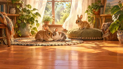 Three Rabbits in Sunlit Studio