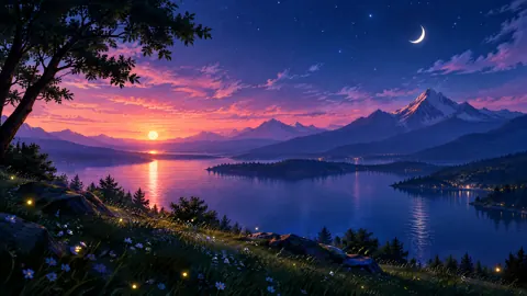 Sunset Mountain Lake Crescent Moon