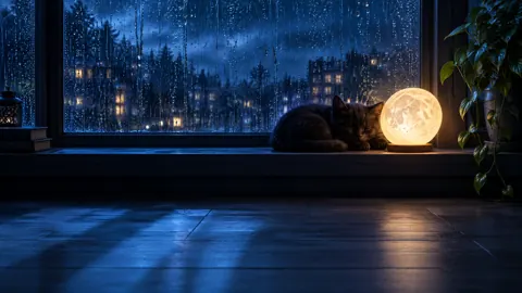 Sleeping Black Kitten by Moon Lamp