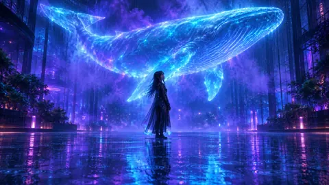 Gold-Eyed Woman Beneath Blue Whale
