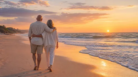 Couple Walking on Sunset Beach