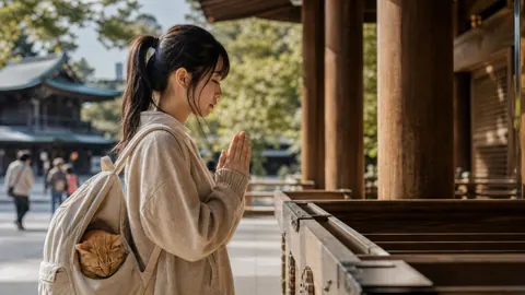 Woman Praying at Meiji-Jingu with Cat