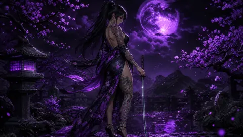Tattooed Samurai Under Violet Moon