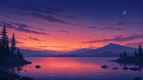 Crescent Moon Over Mountain Lake