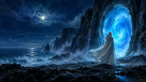 Hooded Woman Before Blue Portal