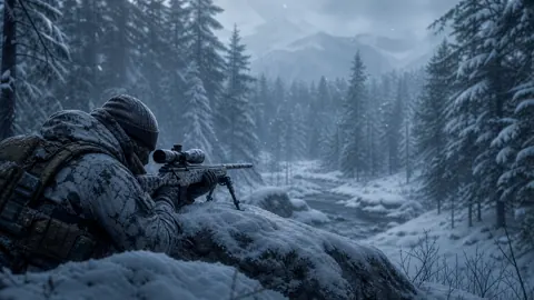 Winter Sniper Above Forest Stream